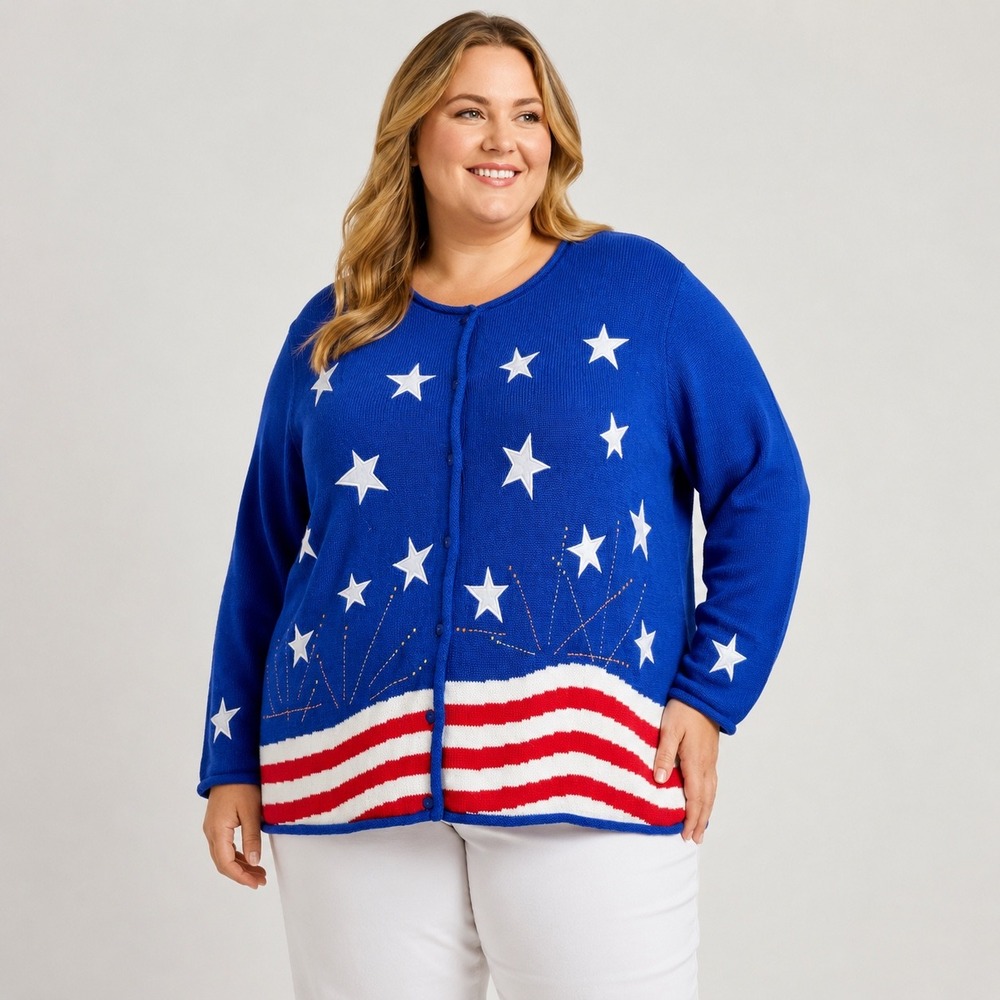 Quacker Factory 3X Patriotic Cardigan Sweater Stars Stripes Americana‎ Blue